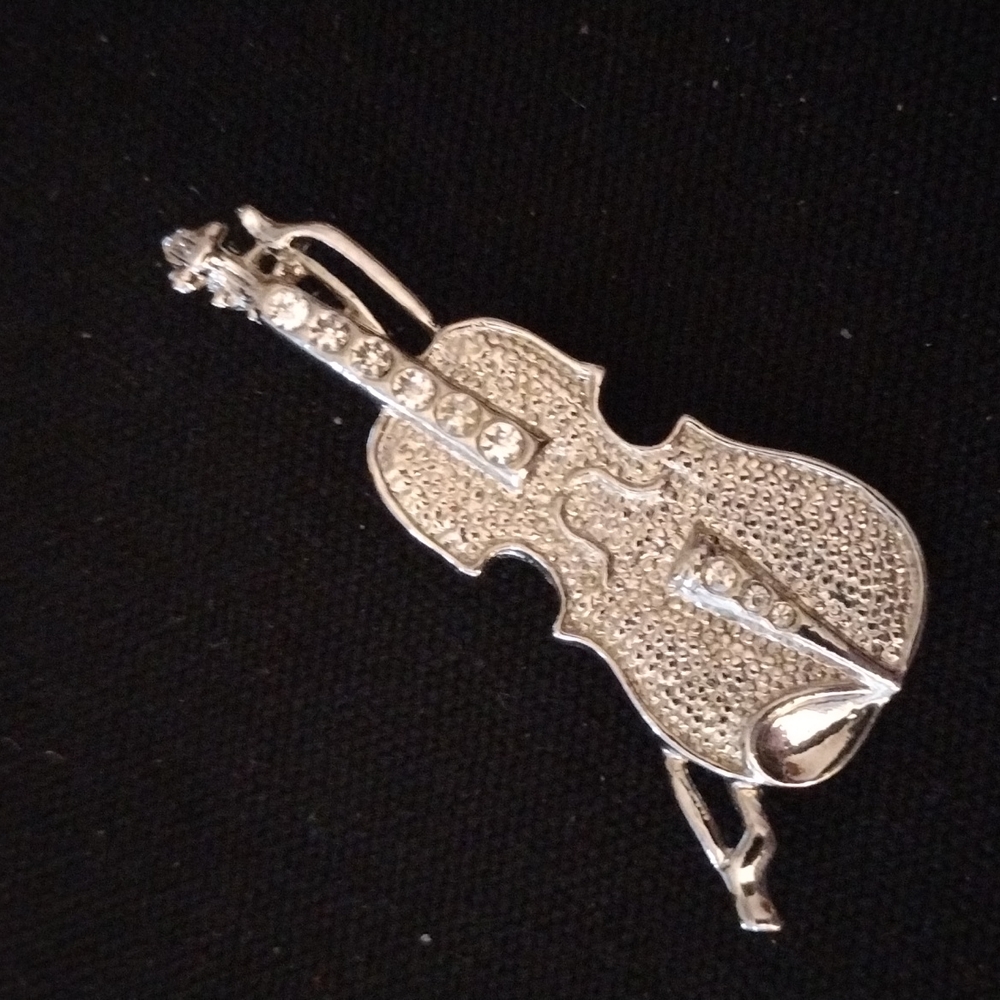 Silver Tone With Clear Rhinestone Violin Brooch